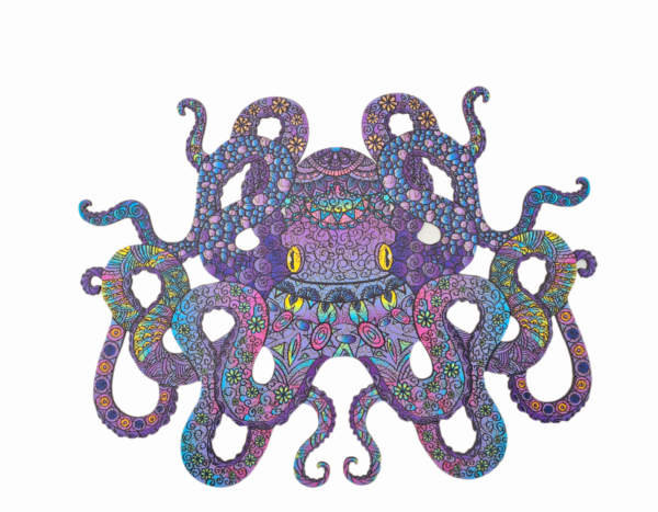 Octopus shaped animal jigsaw puzzle with kaleidoscopic patterns, mostly purple and blue