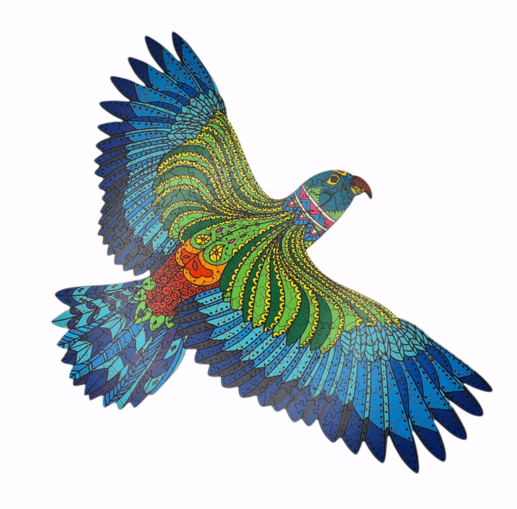 Cheeky Kea shaped wooden jigsaw puzzle, wings outstretched, blue and green patterns