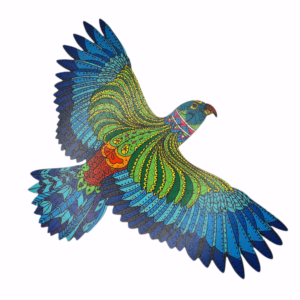 Cheeky Kea shaped wooden jigsaw puzzle, wings outstretched, blue and green patterns