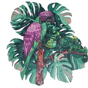 Parrot and monstera leaves shaped wooden jigsaw puzzle, green and purple