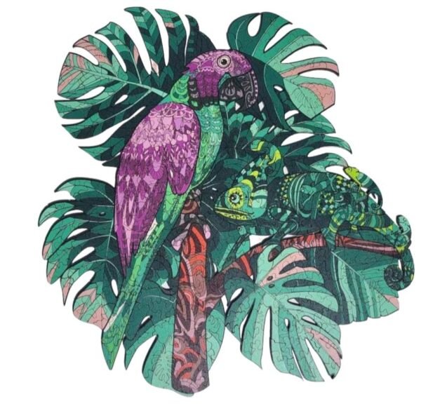 Parrot and monstera leaves shaped wooden jigsaw puzzle, green and purple