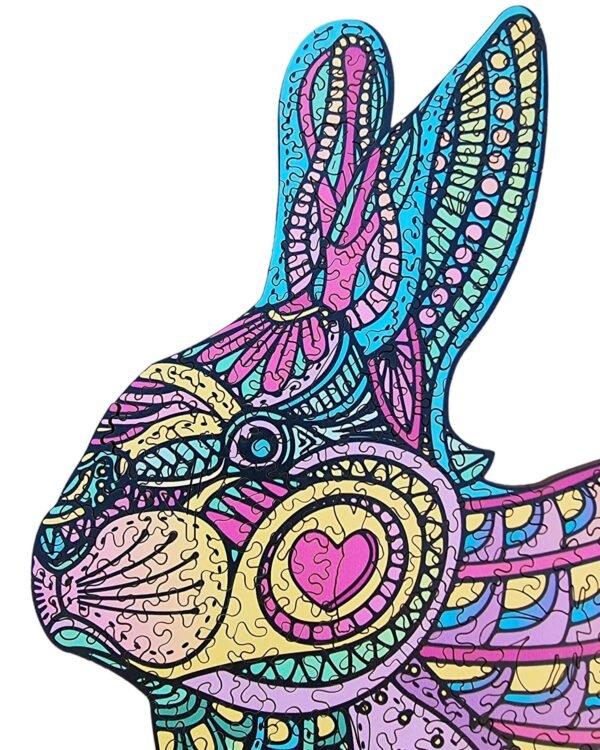 Close-up of face of Sweetheart Bunny, bright and colourful wooden rabbit jigsaw puzzle
