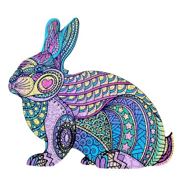 Sweetheart Bunny, a pink, yellow, blue, purple and green patterned rabbit-shaped jigsaw puzzle